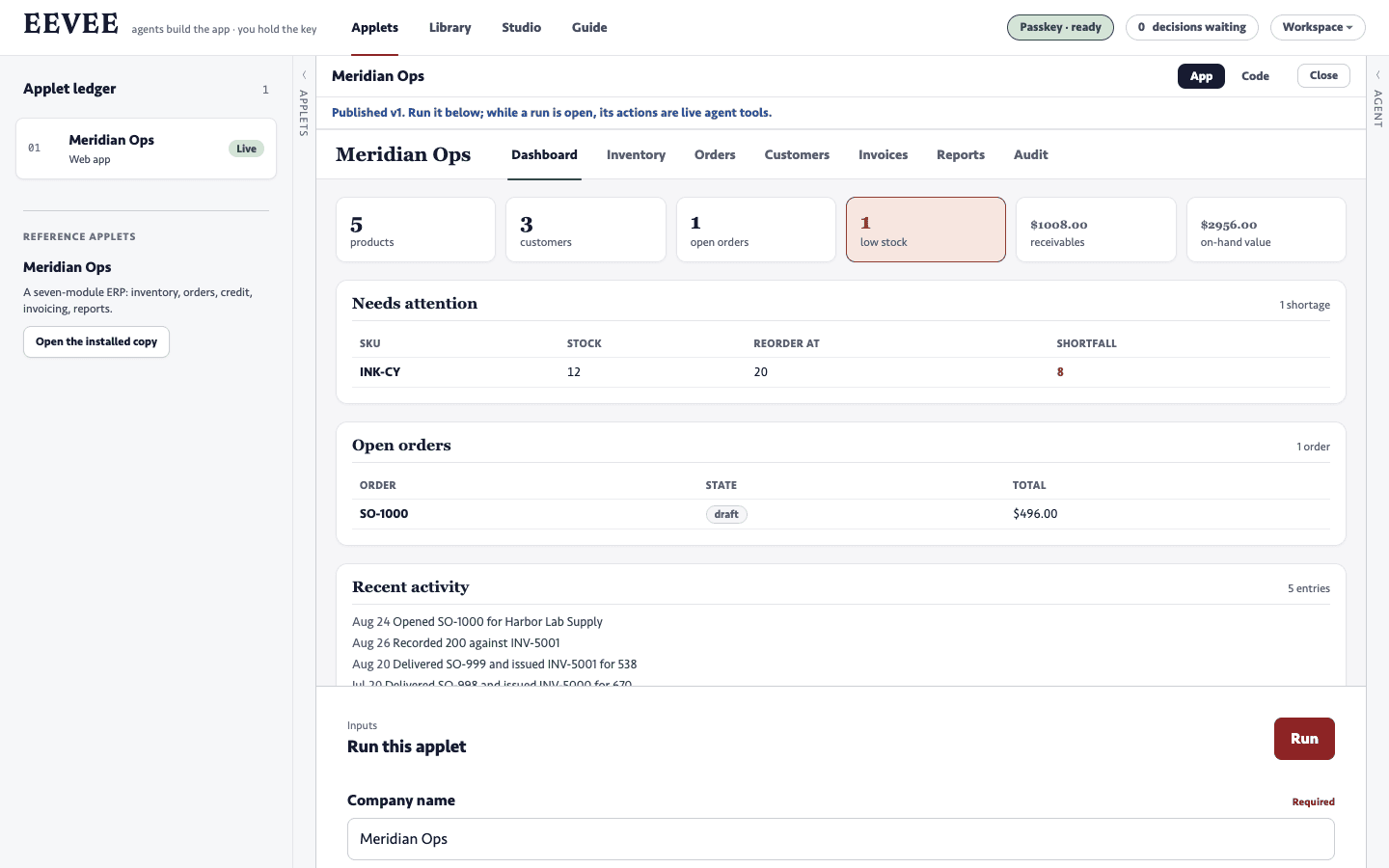The EEVEE workbench with Meridian Ops published and running